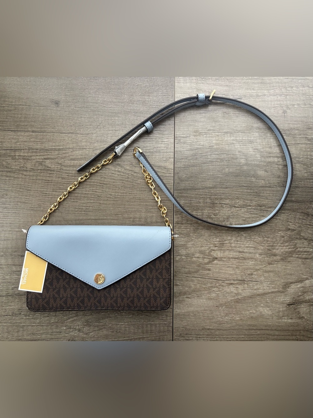 Michael Kors Light Blue and Brown Logo Envelope Crossbody
